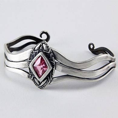 Silver clay cuff with pink facetted stone